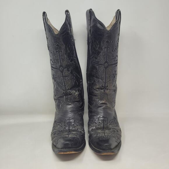 Circle G Boots Women 7.5W Black Embroidered Cross Western Snip Toe Cowgirl Rodeo - Picture 6 of 14